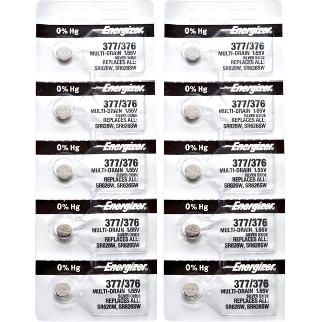 10 x Energizer 377 Watch Batteries, 1.55V, 0% MERCURY equivalent SR626SW