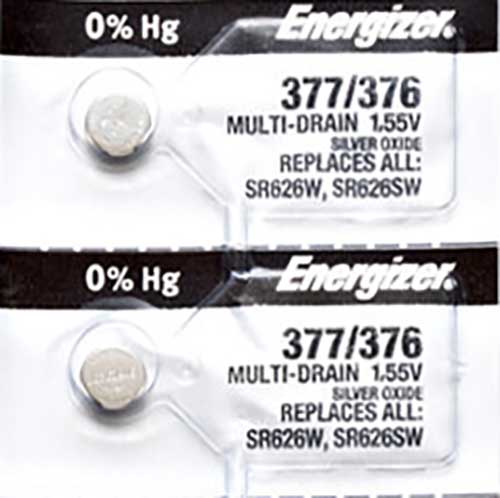 2 x Energizer 377 Watch Batteries, 1.55V, 0% MERCURY equivalent SR626SW
