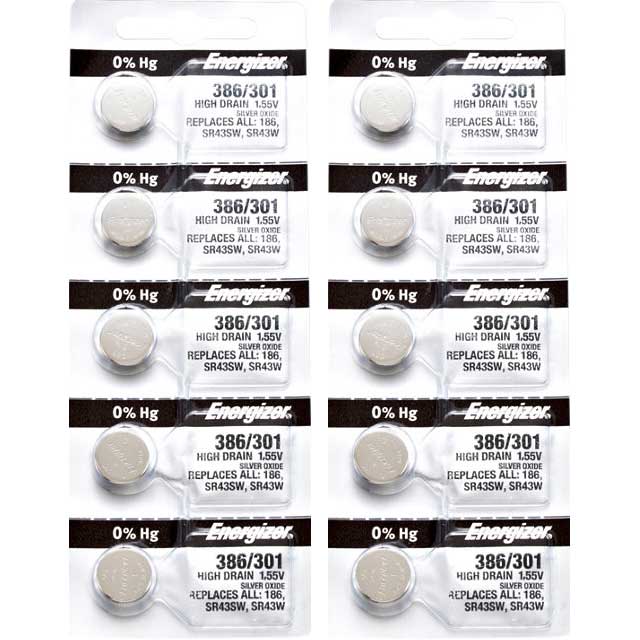 10 x Energizer 386 Watch Batteries, 1.55V, 0% MERCURY equivalent SR43SW, 301