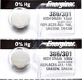 2 x Energizer 386 Watch Batteries, 1.55V, 0% MERCURY equivalent SR43SW, 301