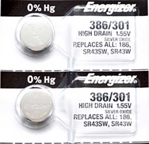 2 x Energizer 386 Watch Batteries, 1.55V, 0% MERCURY equivalent SR43SW, 301