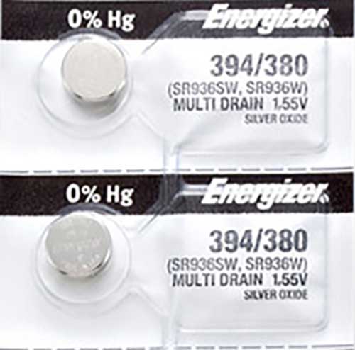 2 x Energizer 394 Watch Batteries, 1.55V,0% MERCURY equivalent SR936SW, 380, 936, AG9
