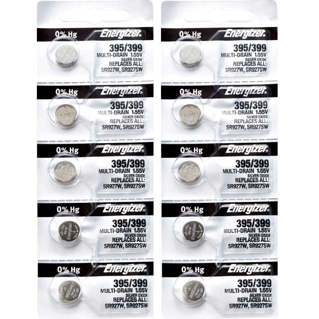 10 x Energizer 395 Watch Batteries, 1.55V, 0% MERCURY equivalent SR927W, 399, SR927SW