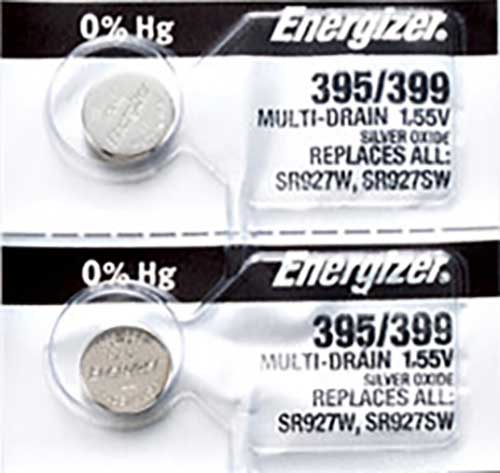 2 x Energizer 395 Watch Batteries, 1.55V, 0% MERCURY equivalent SR927W, 399, SR927SW