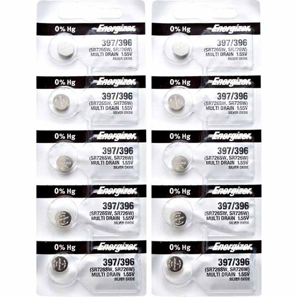 10 x Energizer 397 Watch Batteries, 1.55V, 0% MERCURY equivalent SR726SW, 396, SR726W