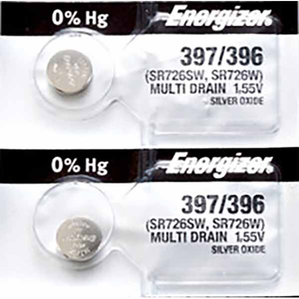 2 x Energizer 397 Watch Batteries, 1.55V, 0% MERCURY equivalent SR726SW, 396, SR726W