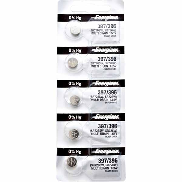 5 x Energizer 397 Watch Batteries, 1.55V, 0% MERCURY equivalent SR726SW, 396, SR726W