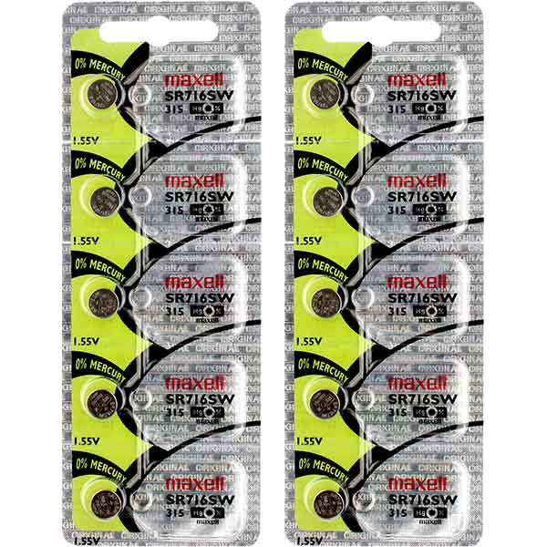 10 x Maxell 315 Watch Batteries, 0% MERCURY equivalent SR716SW Battery
