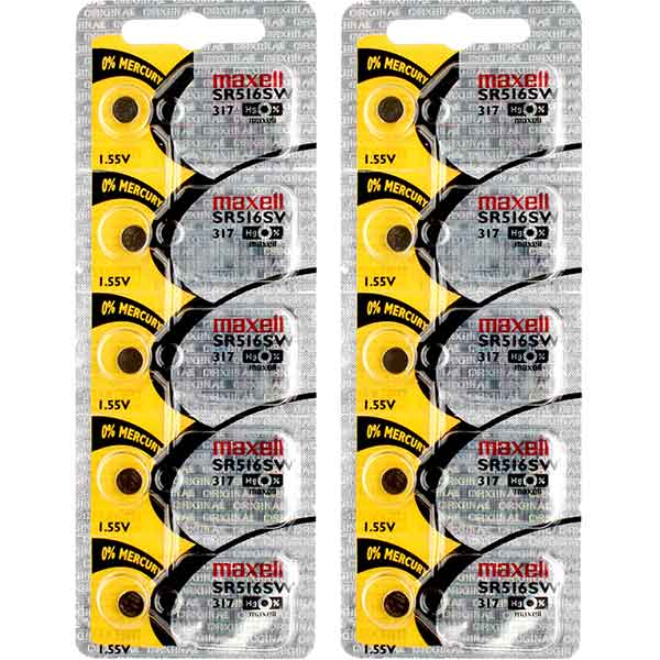 10 x Maxell 317 Watch Batteries, 0% MERCURY equivalent SR516SW Battery