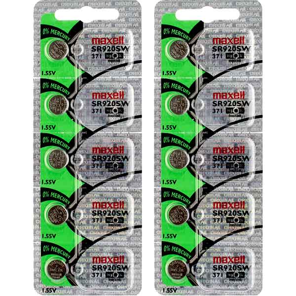 10 x Maxell 371 Watch Batteries, 0% MERCURY equivalent SR920SW Battery
