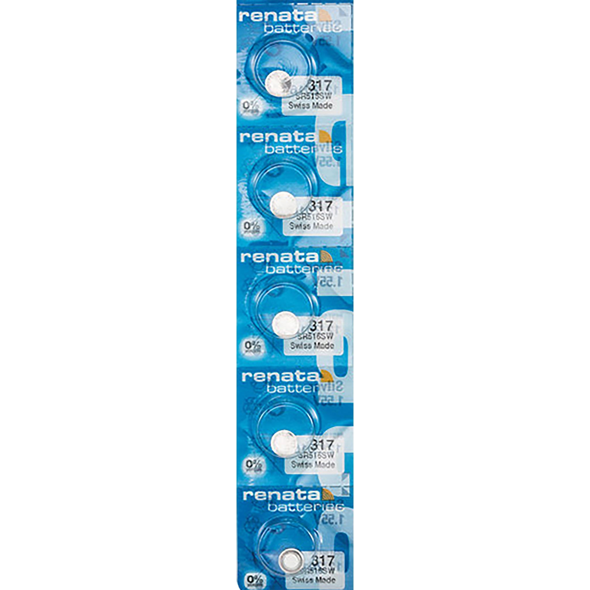 5 x Renata 317 Watch Batteries, 1.55V, 0% MERCURY equivalent SR516SW