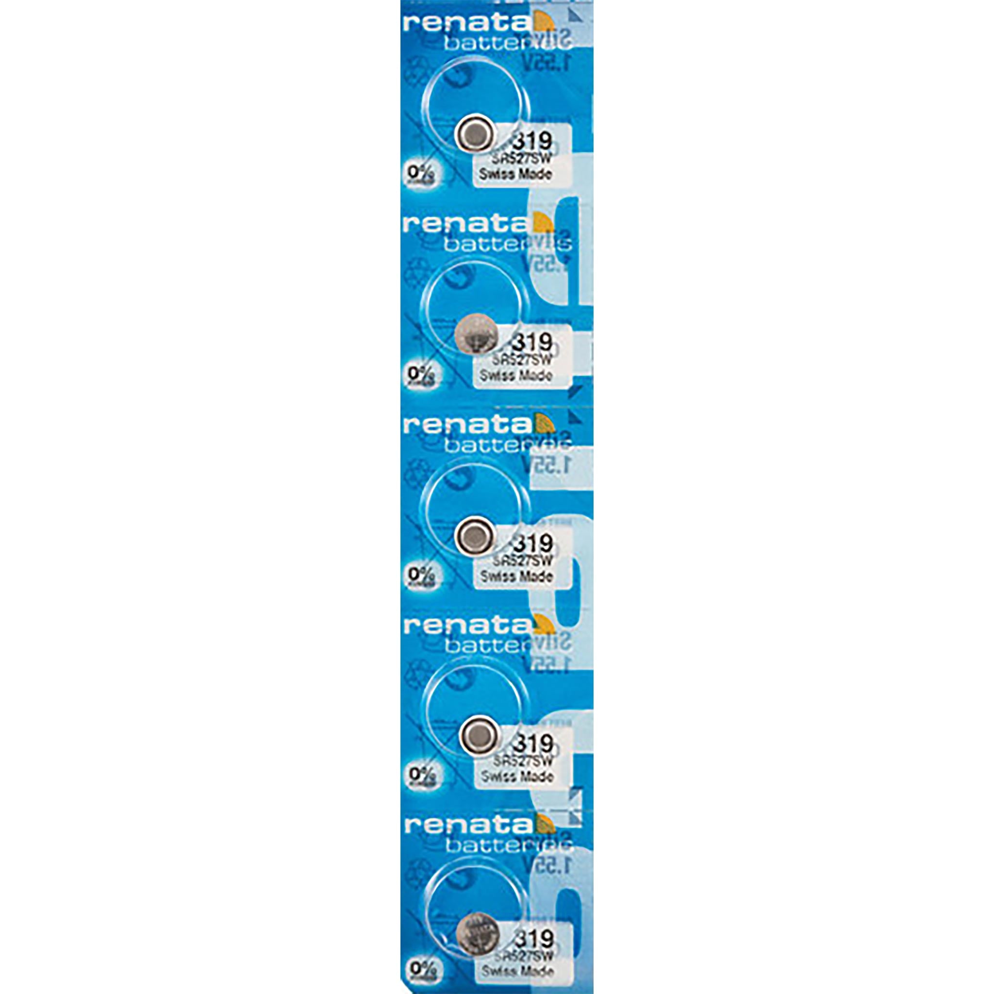 5 x Renata 319 Watch Batteries, 1.55V, 0% MERCURY equivalent SR527SW, 527