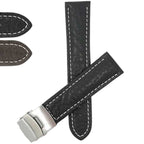 Bandini Mens Leather Watch Band with Deployment Clasp, White Stitch - 18mm to 24mm