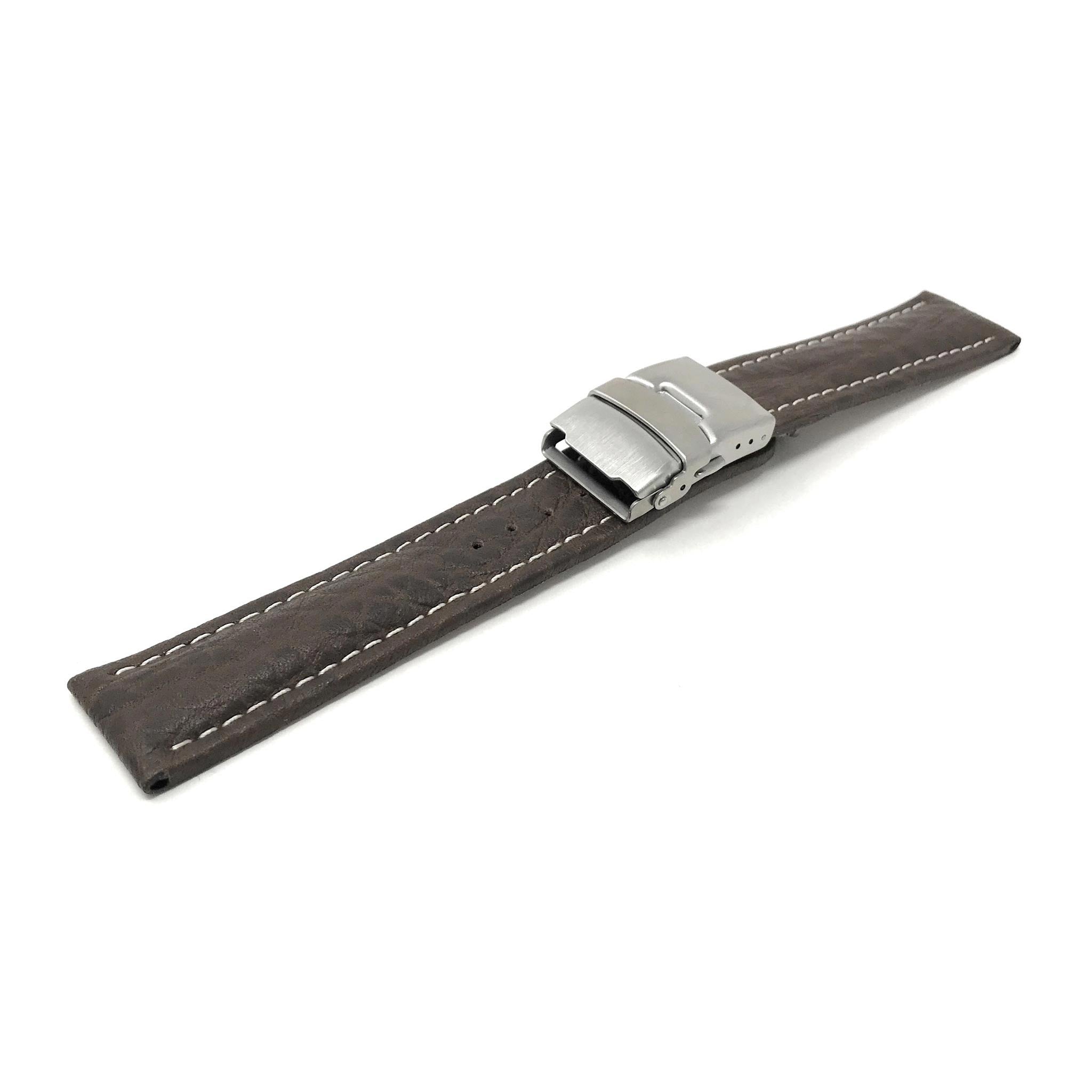Bandini Mens Leather Watch Band with Deployment Clasp, White Stitch - 18mm to 24mm