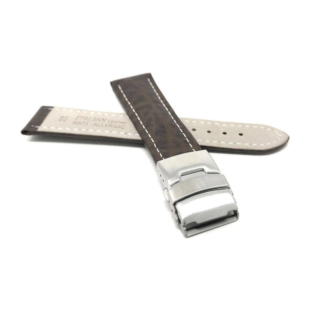 Bandini Mens Leather Watch Band with Deployment Clasp, White Stitch - 18mm to 24mm