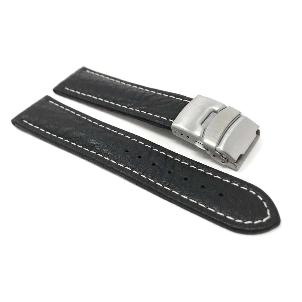 Bandini Mens Leather Watch Band with Deployment Clasp, White Stitch - 18mm to 24mm