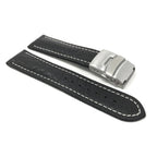 Bandini Mens Leather Watch Band with Deployment Clasp, White Stitch - 18mm to 24mm