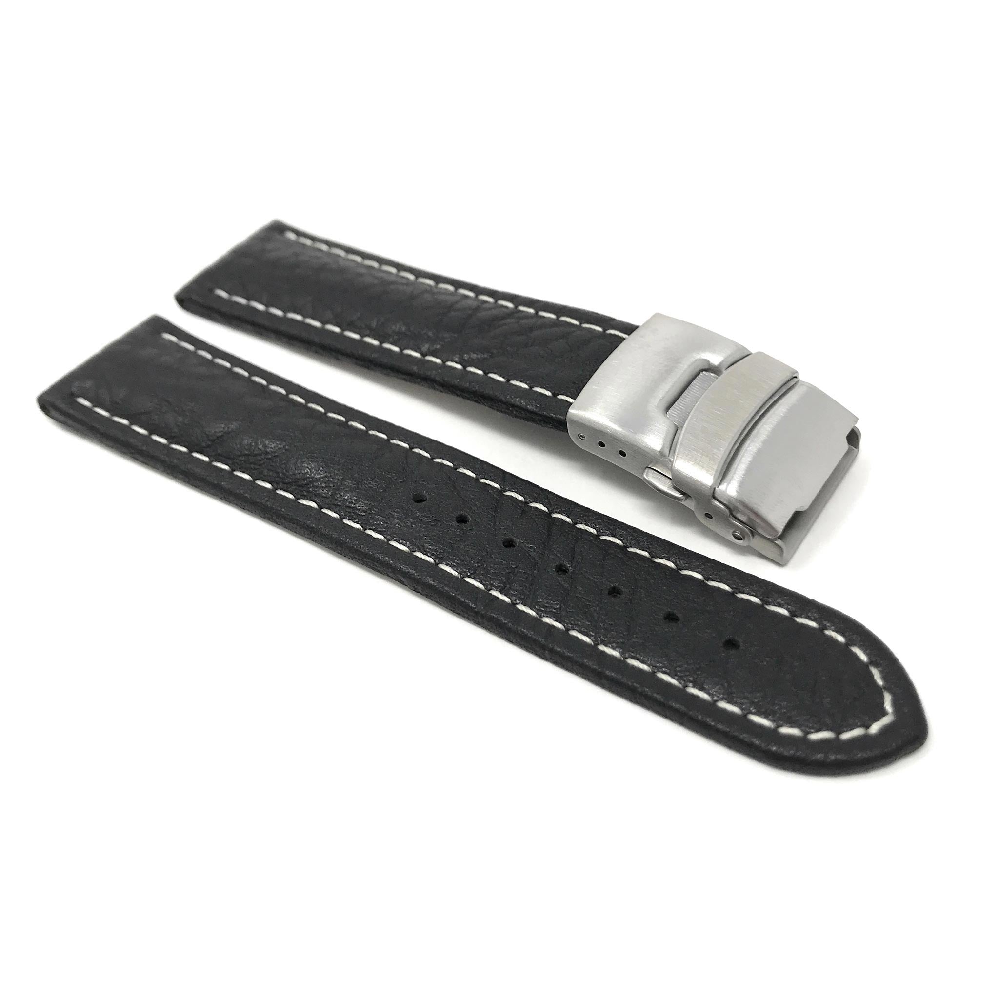 Bandini Mens Leather Watch Band with Deployment Clasp, White Stitch - 18mm to 24mm