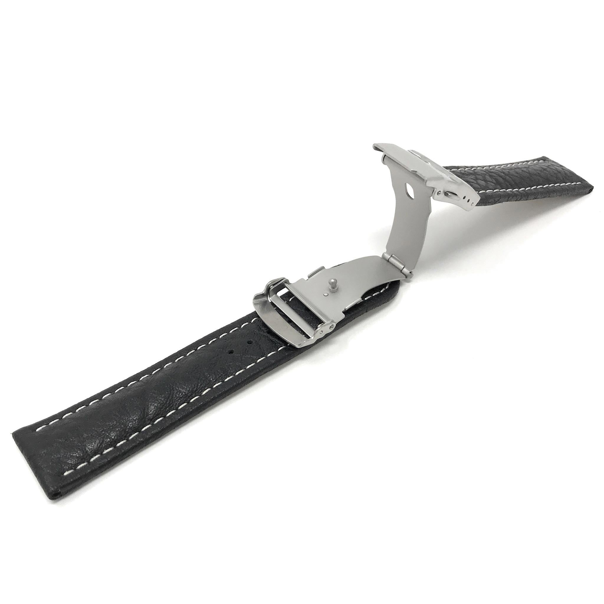 Bandini Mens Leather Watch Band with Deployment Clasp, White Stitch - 18mm to 24mm