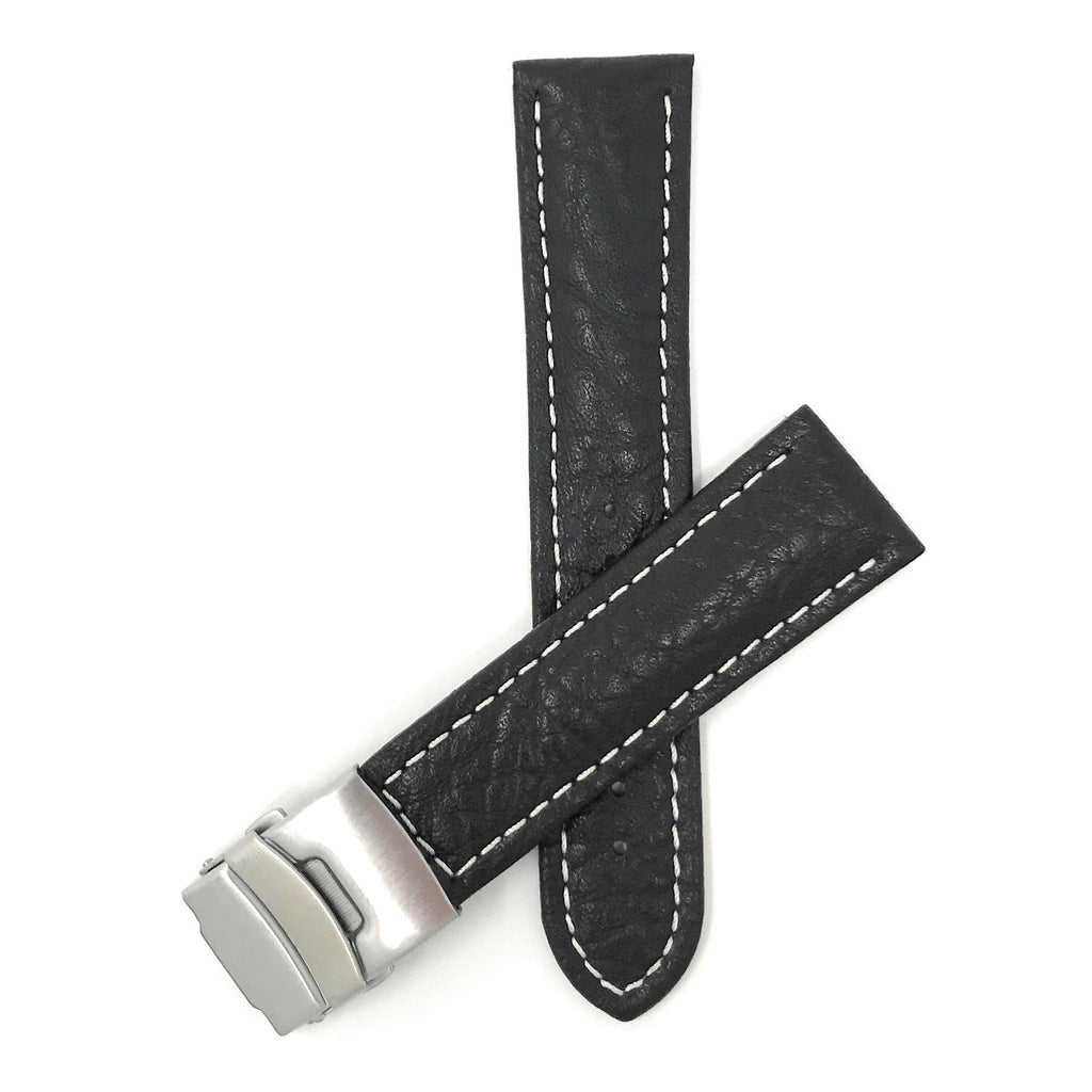 Bandini Mens Leather Watch Band with Deployment Clasp, White Stitch - 18mm to 24mm