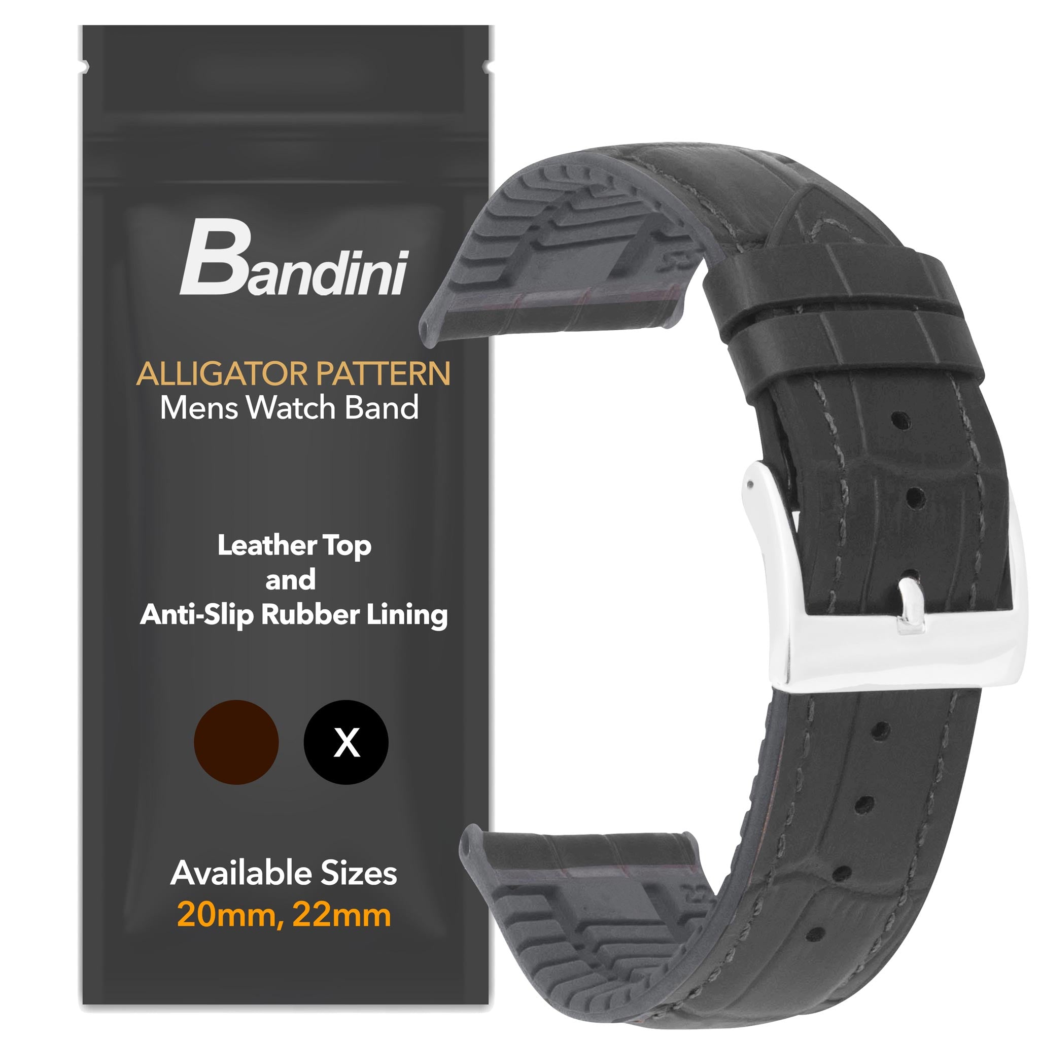 Bandini Hybrid Leather Alligator Pattern Watch Band, Rubber Lining – 20mm 22mm