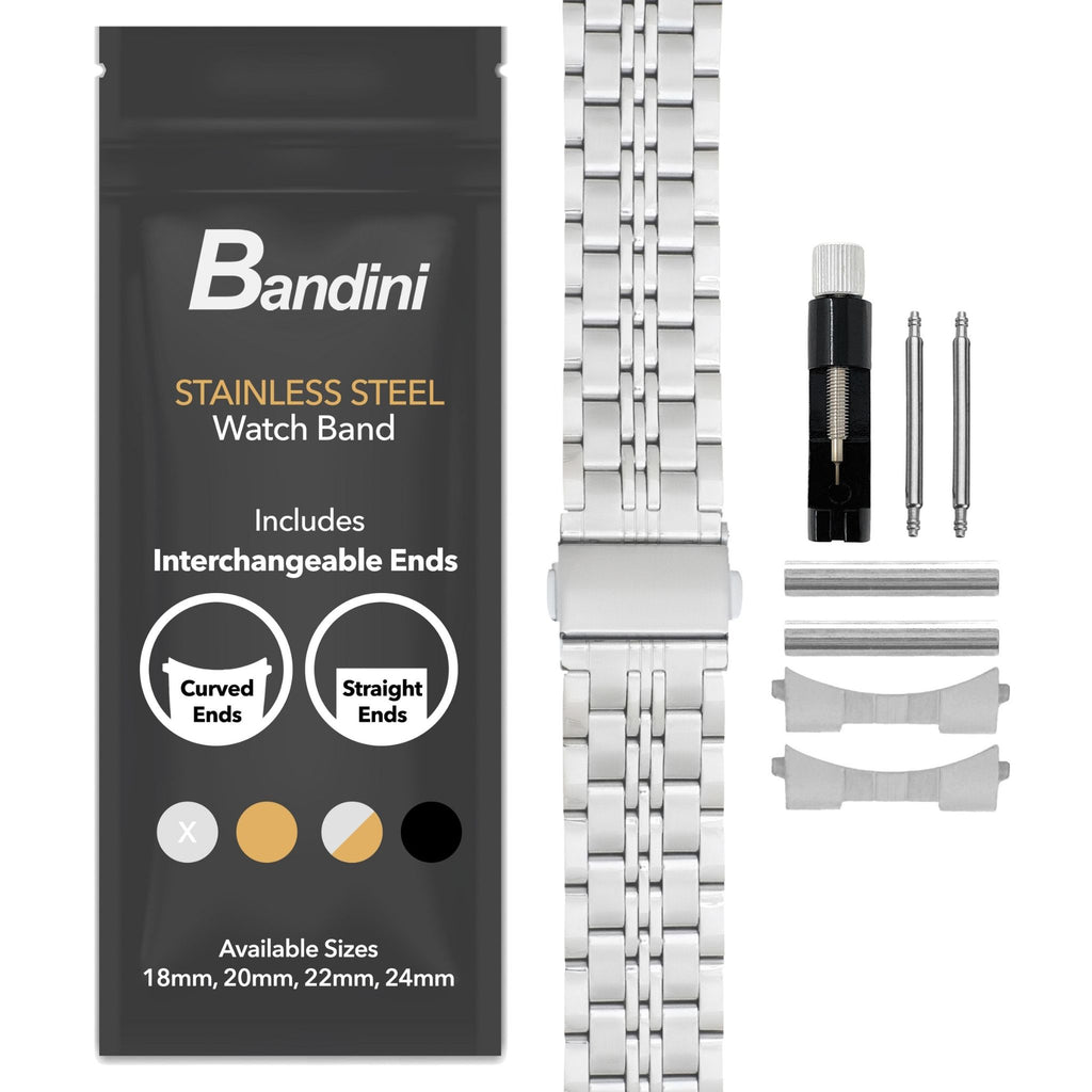 Bandini Mens Jubilee Style Metal Stainless Steel Watch Band - 18mm, 20mm, 22mm, 24mm