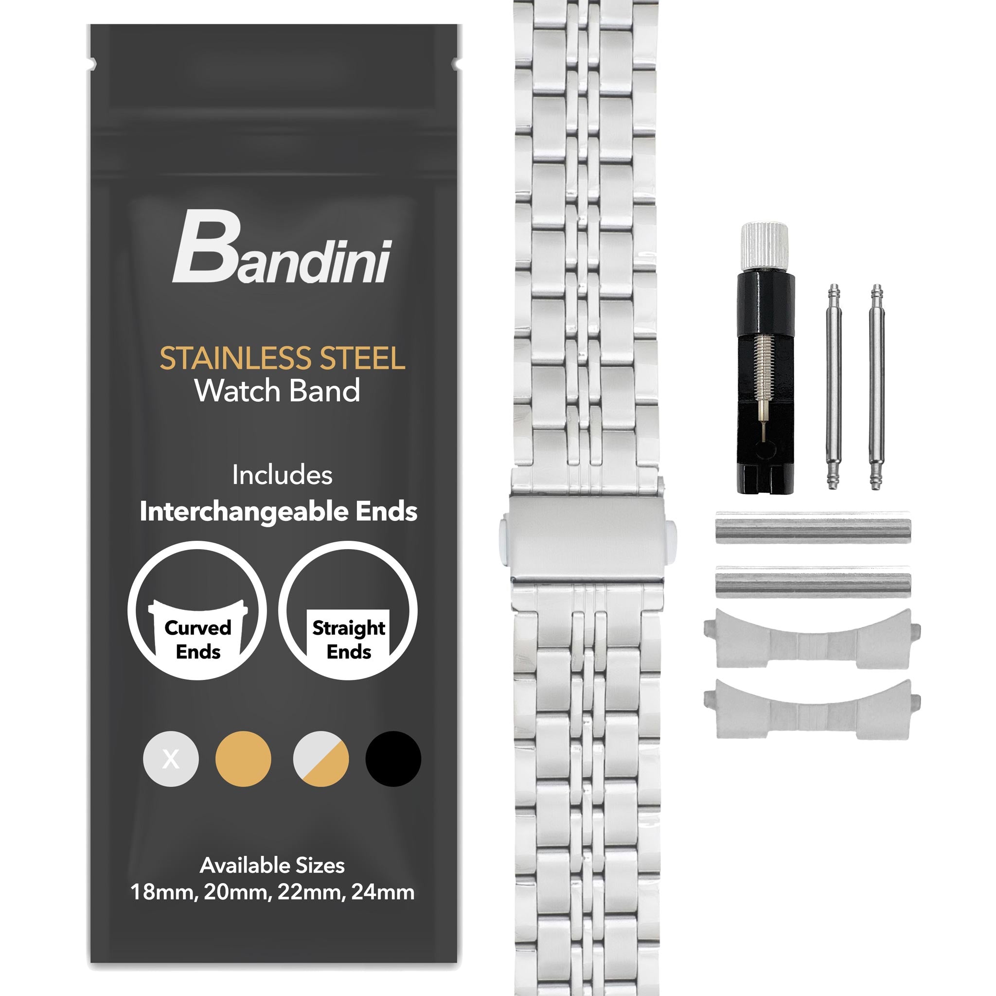 Bandini Mens Jubilee Style Metal Stainless Steel Watch Band - 18mm, 20mm, 22mm, 24mm