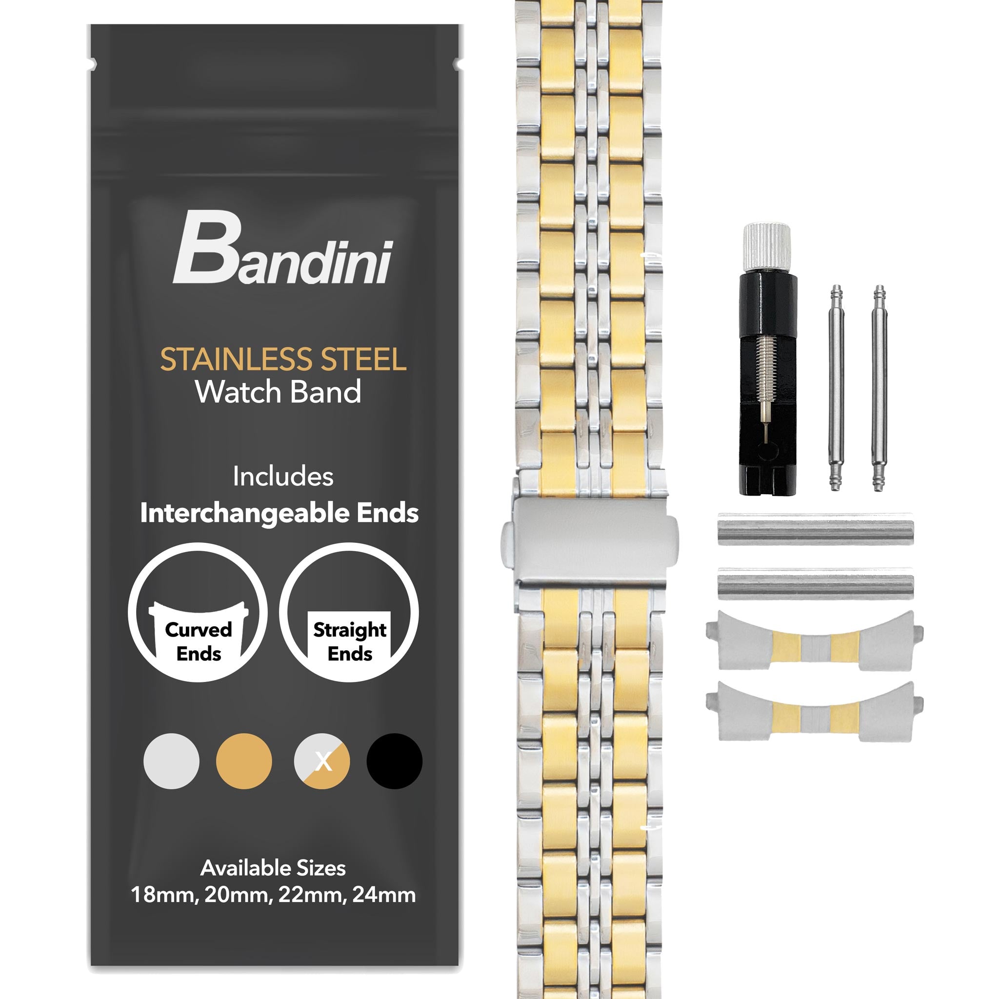 Bandini Mens Jubilee Style Metal Stainless Steel Watch Band - 18mm, 20mm, 22mm, 24mm