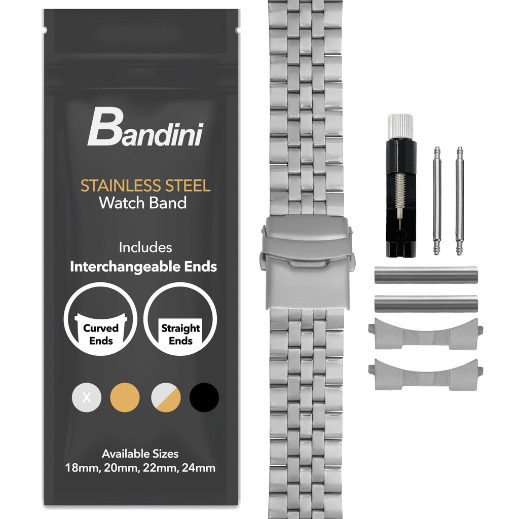 Bandini stainless steel watch band packaging with watch band and tools on a white background