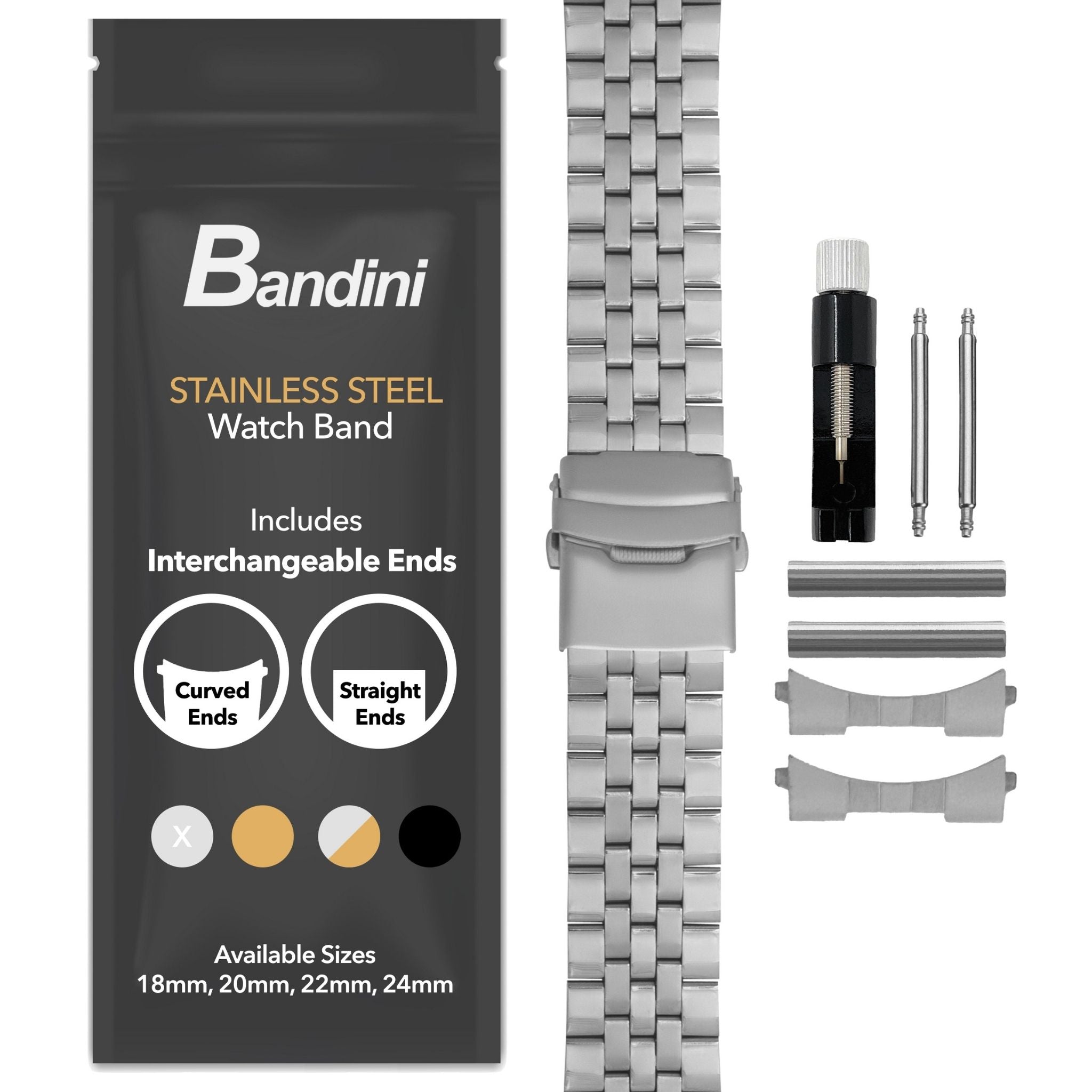 Bandini stainless steel watch band packaging with watch band and tools on a white background
