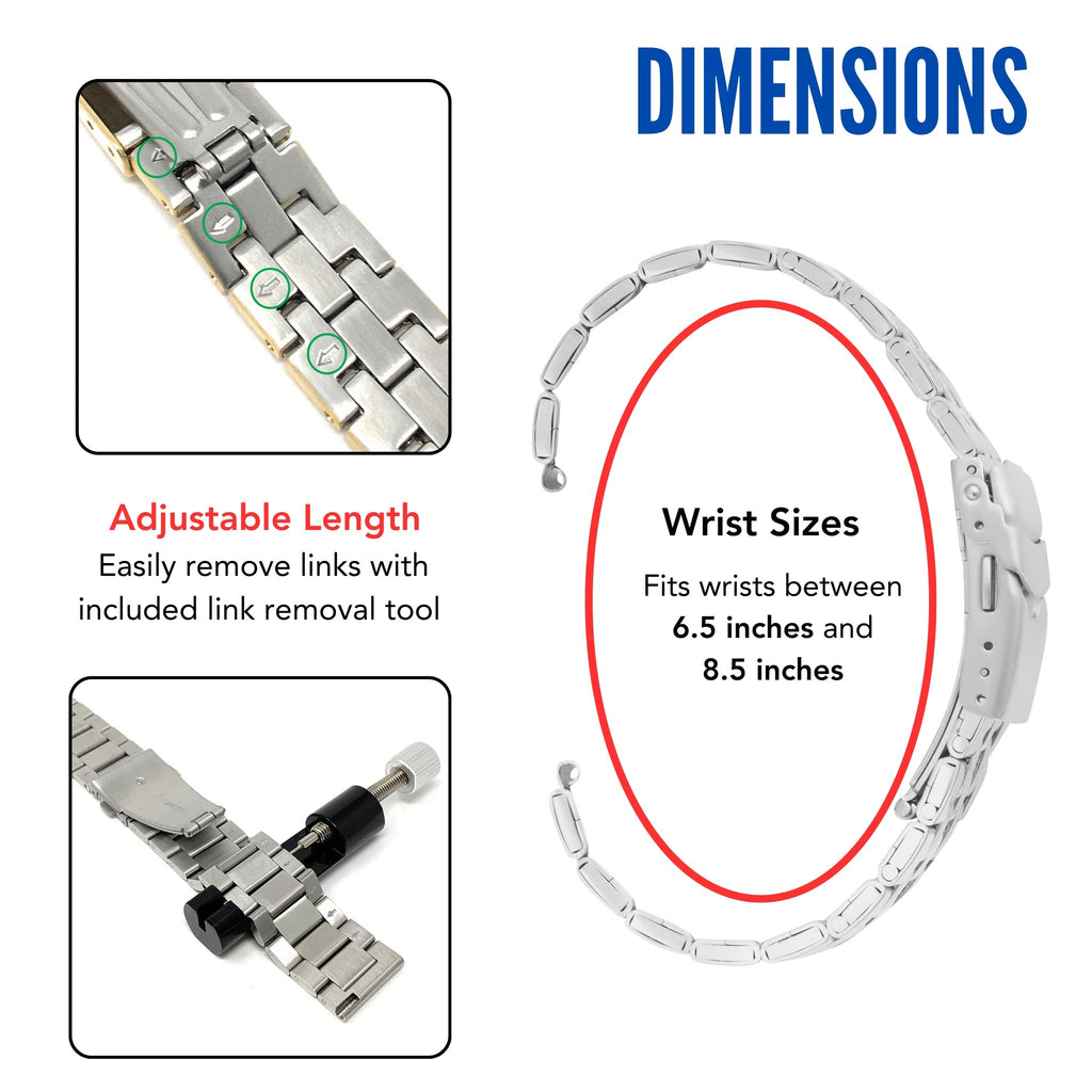 Bandini Mens 3 Link Metal Stainless Steel Watch Band - 18mm, 20mm, 22mm, 24mm