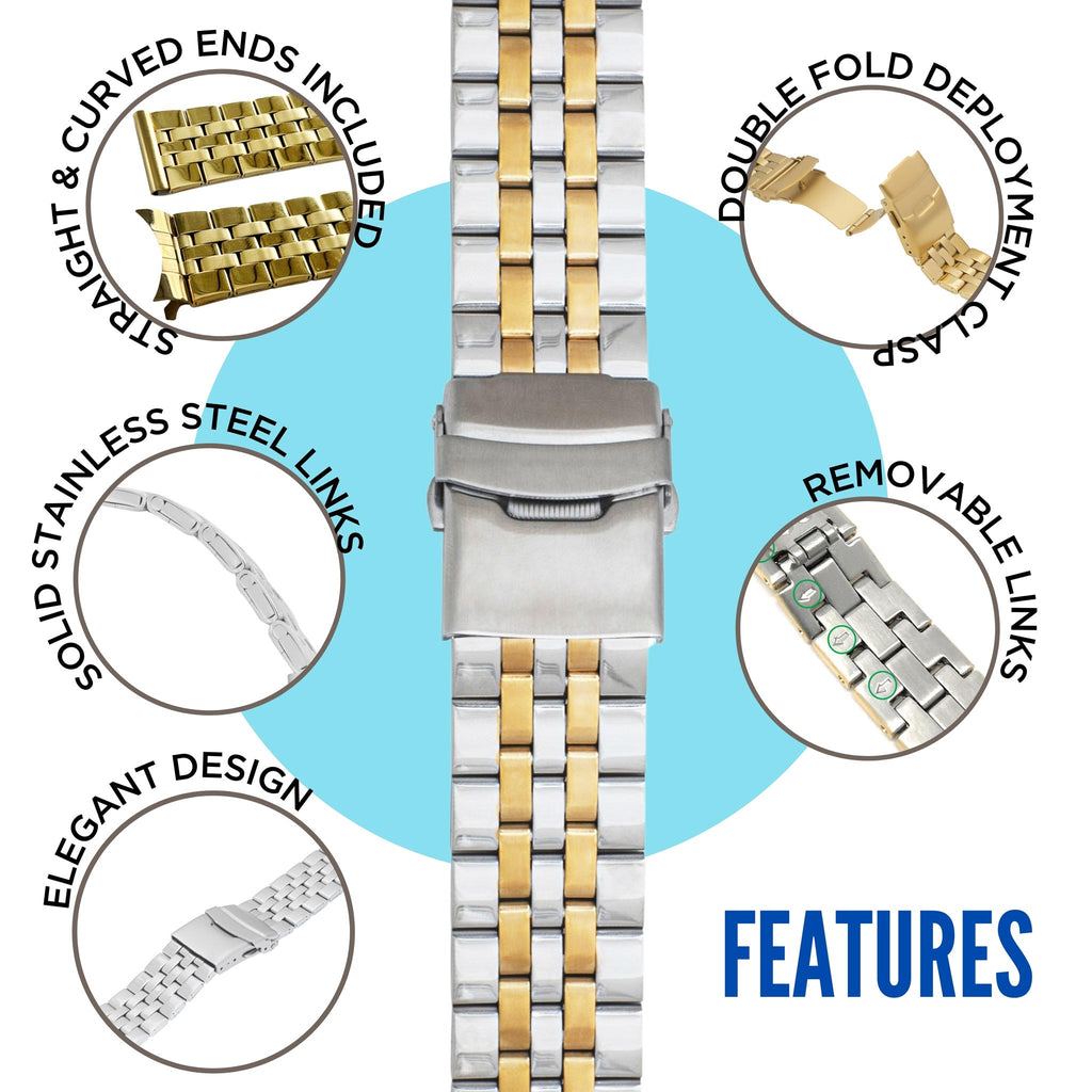 Bandini Mens 3 Link Metal Stainless Steel Watch Band - 18mm, 20mm, 22mm, 24mm