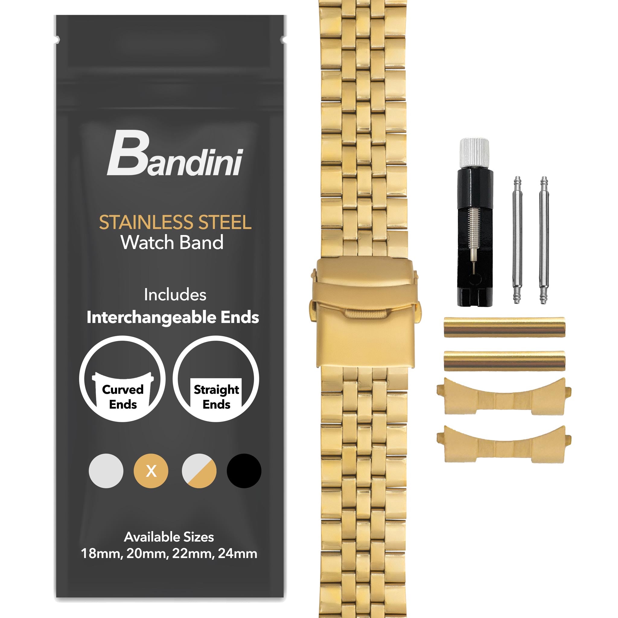 Bandini Mens 3 Link Metal Stainless Steel Watch Band - 18mm, 20mm, 22mm, 24mm