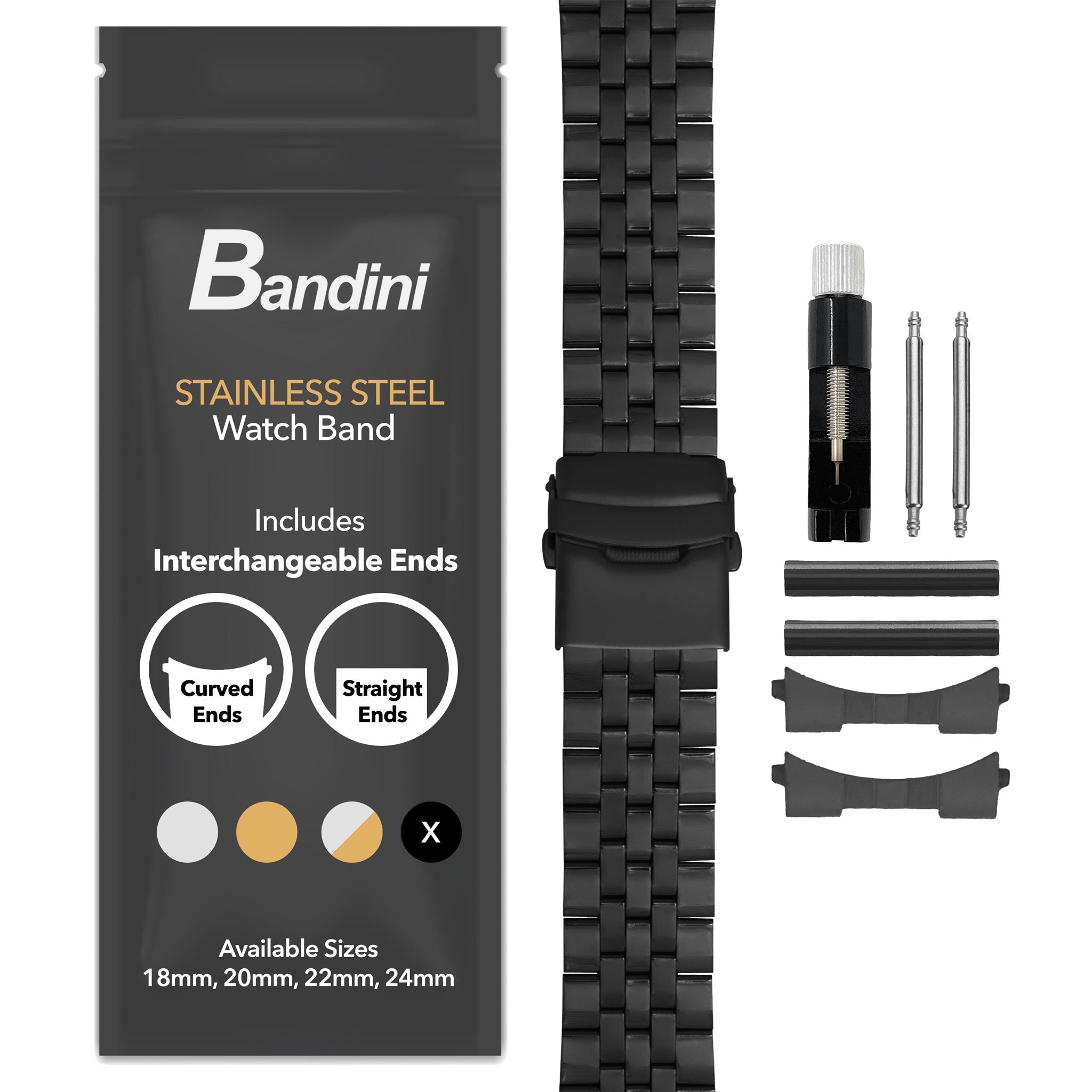Bandini Mens 3 Link Metal Stainless Steel Watch Band - 18mm, 20mm, 22mm, 24mm