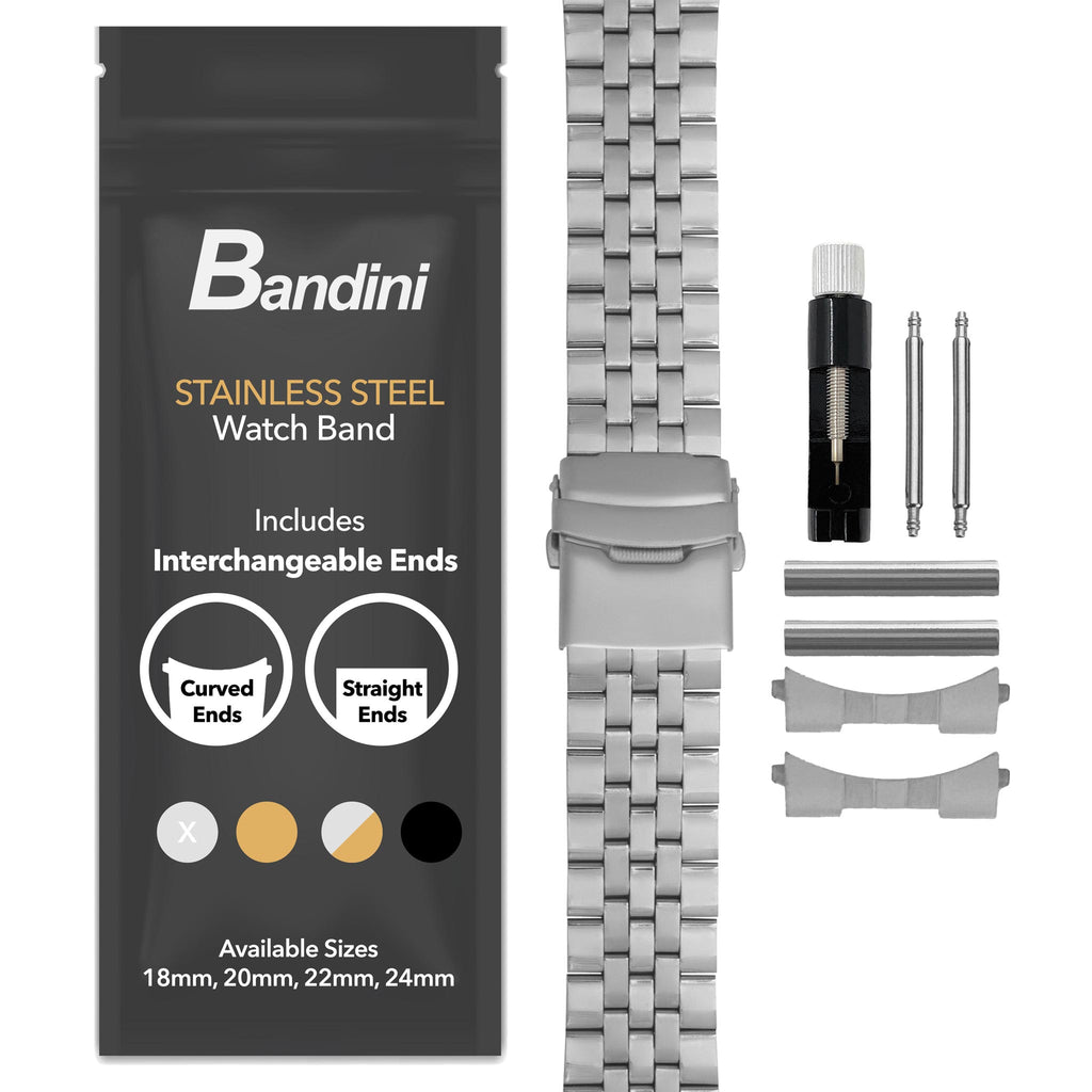 Bandini Mens 3 Link Metal Stainless Steel Watch Band - 18mm, 20mm, 22mm, 24mm