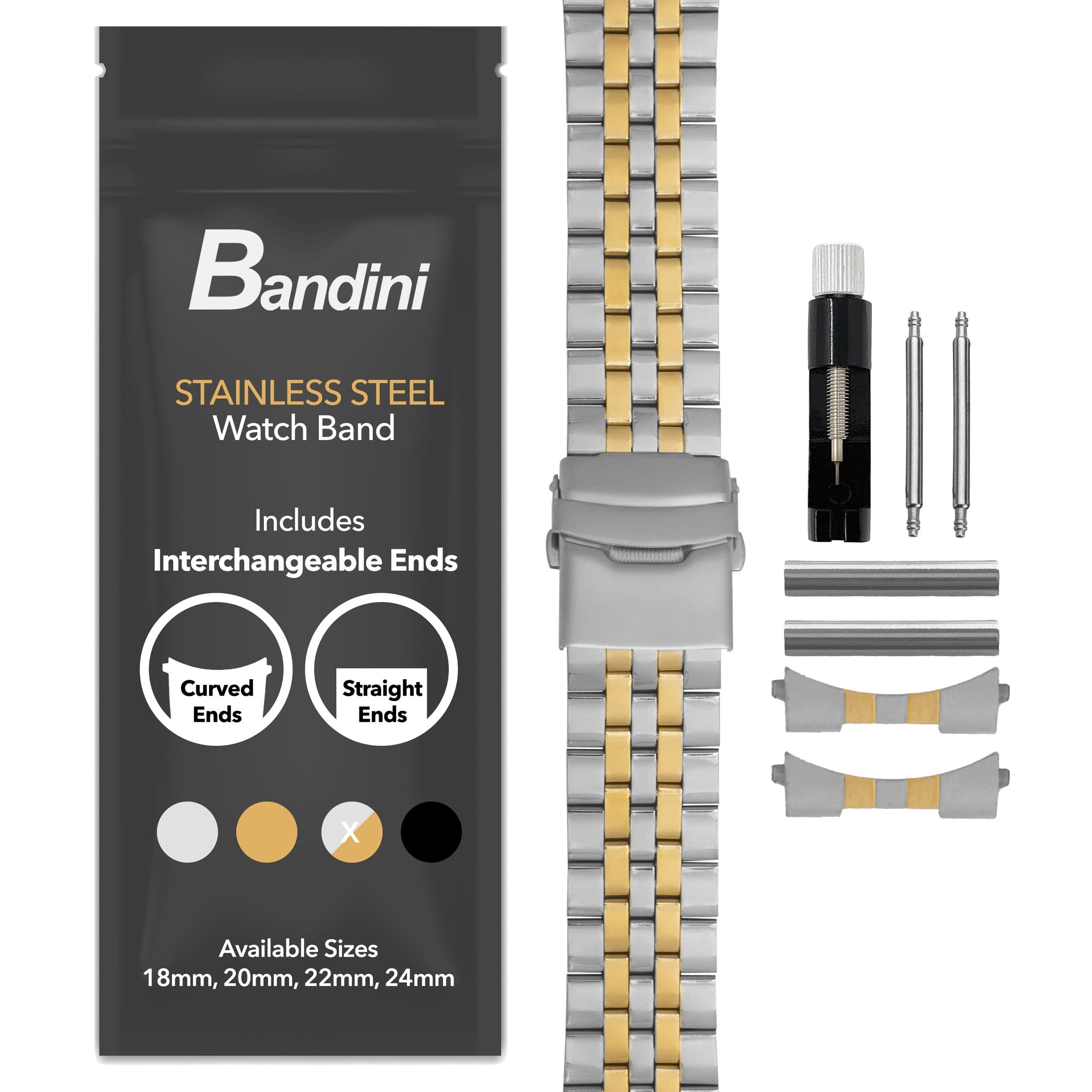 Bandini Mens 3 Link Metal Stainless Steel Watch Band - 18mm, 20mm, 22mm, 24mm