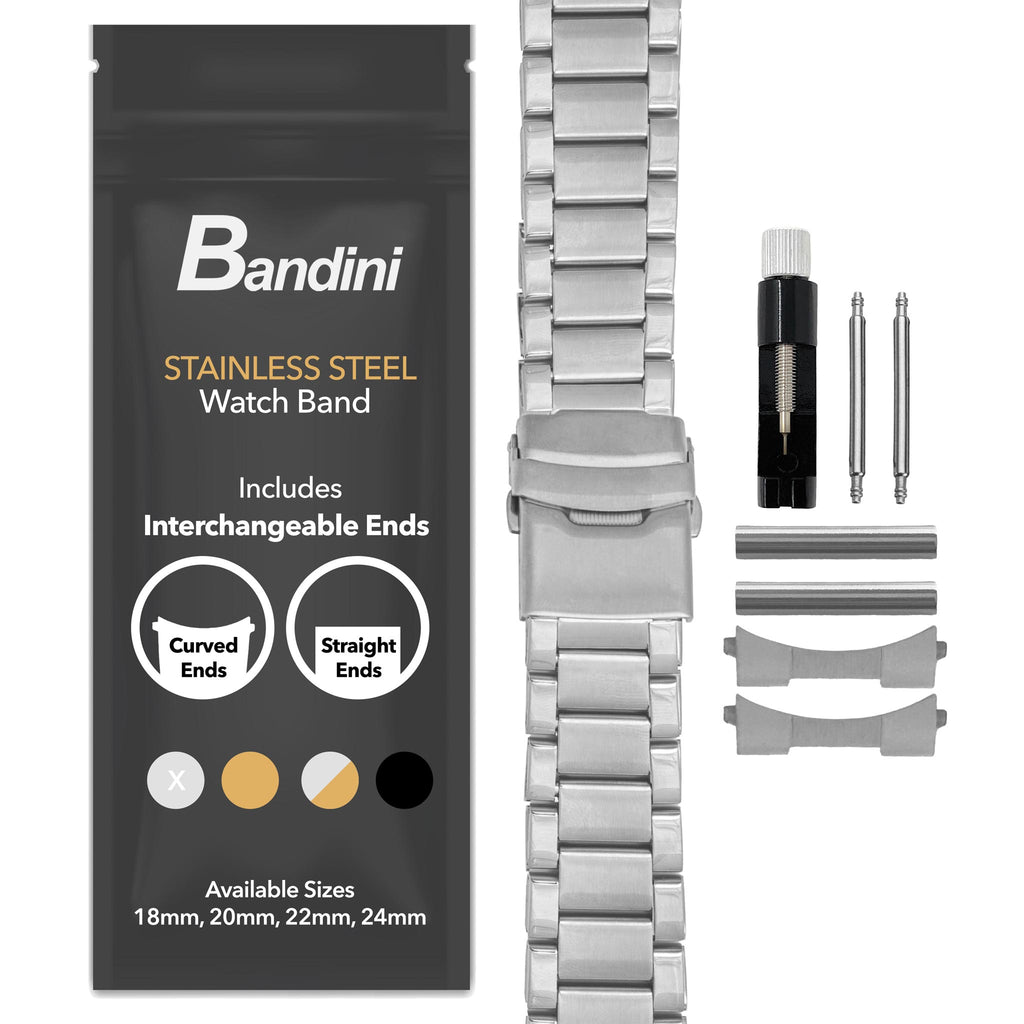Bandini stainless steel watch band kit with packaging on a white background
