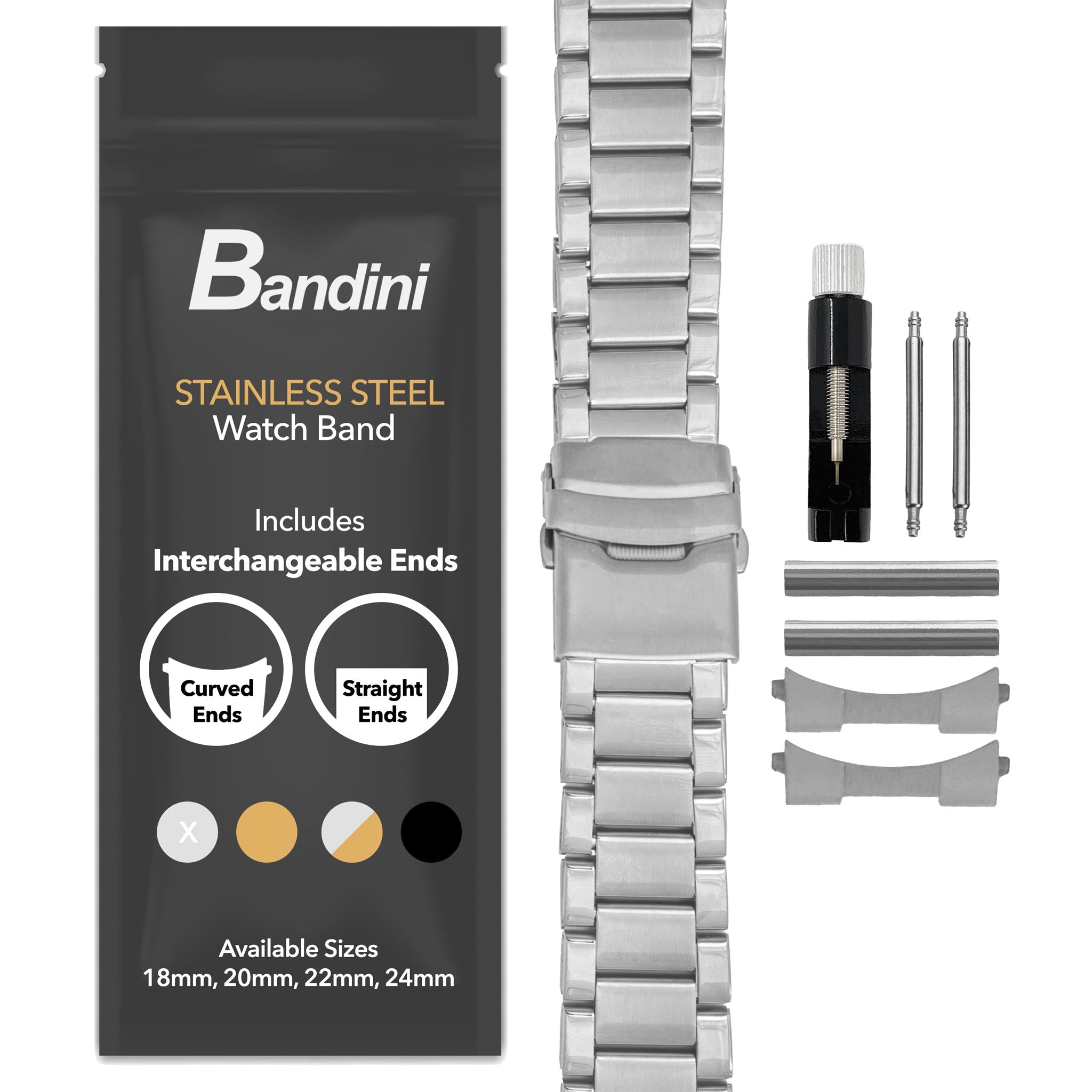 Bandini Mens Brick Links Metal Stainless Steel Watch Band - 18mm, 20mm, 22mm, 24mm
