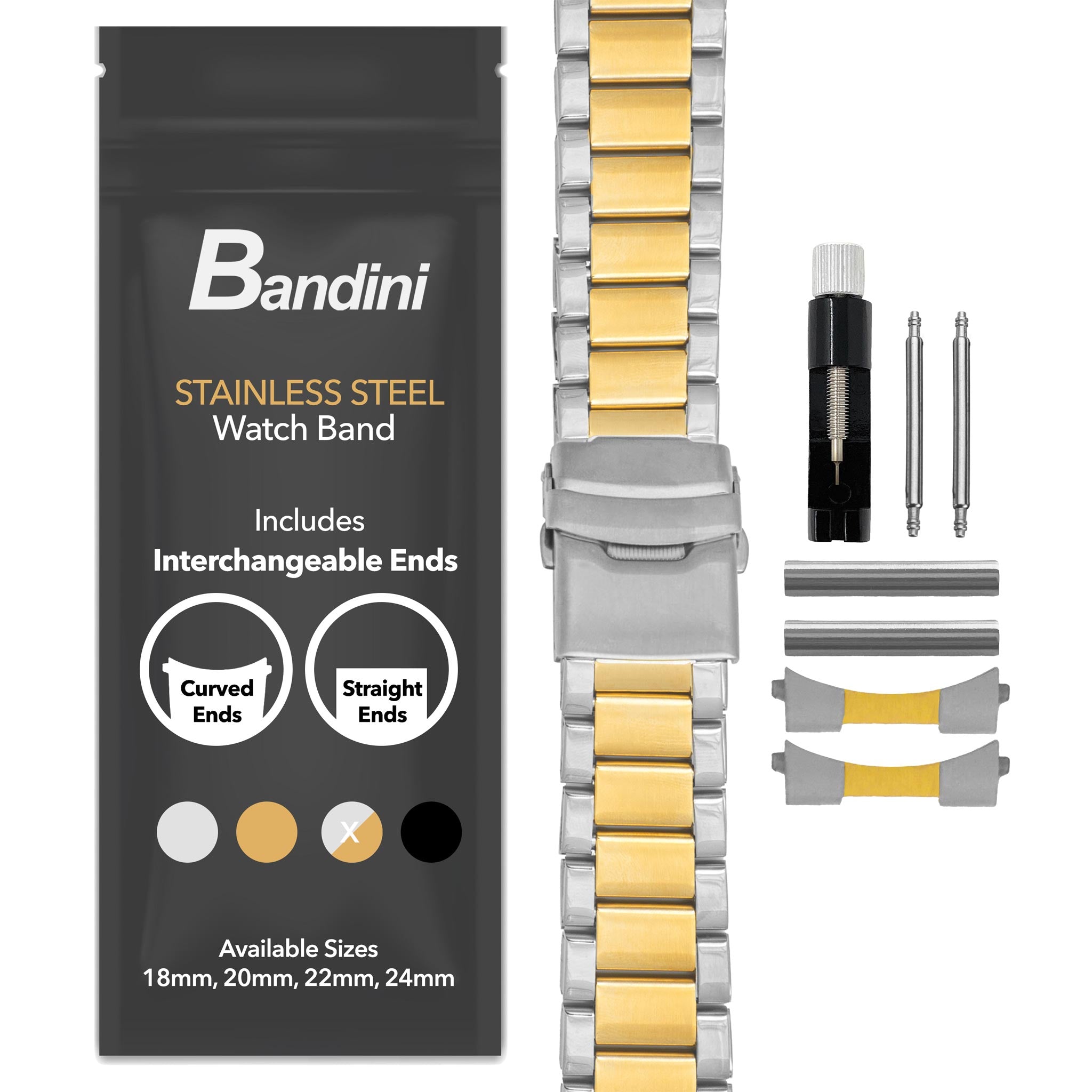 Bandini Mens Brick Links Metal Stainless Steel Watch Band - 18mm, 20mm, 22mm, 24mm