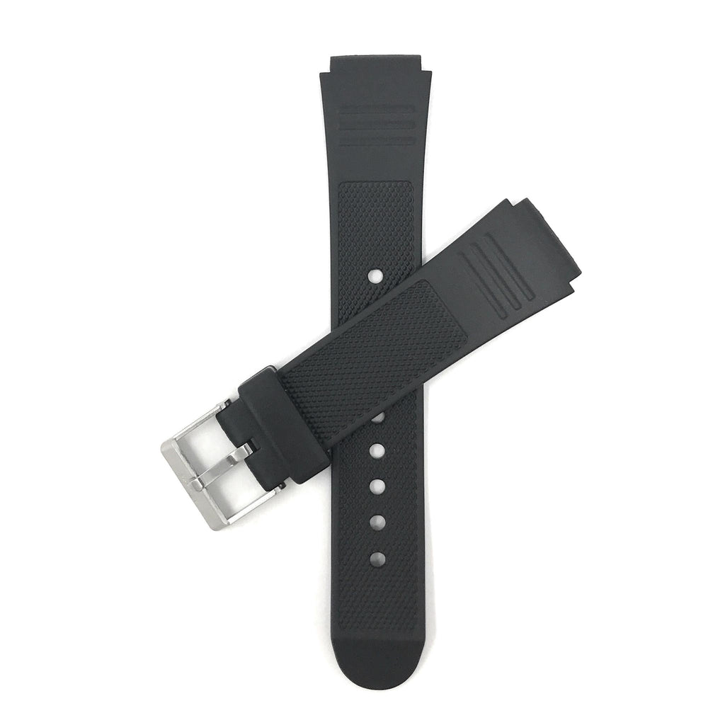 Black rubber Casio watch strap with silver buckle on a white background