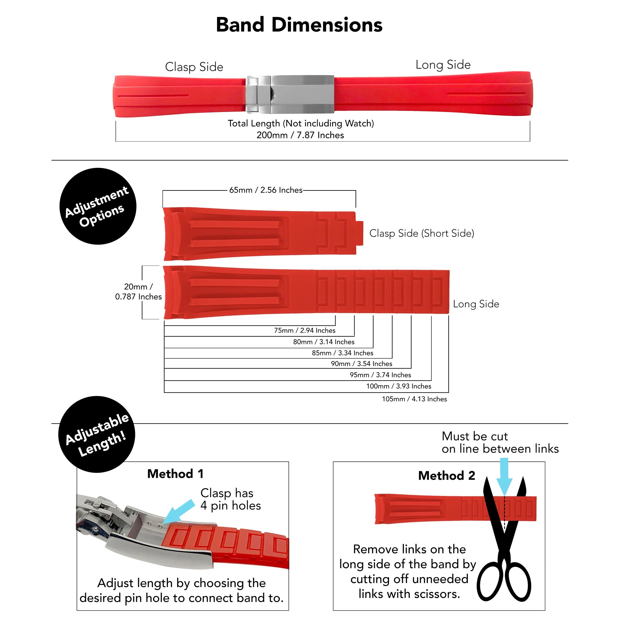 20mm Fitted Curved End Rubber Watch Band for Rolex and More, No Clasp