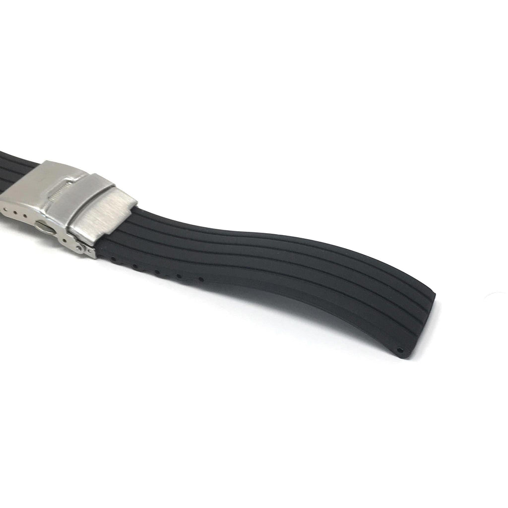Bandini Black Rubber Grooves Watch Band, Silicone Deployment Strap - 20mm, 22mm, 24mm