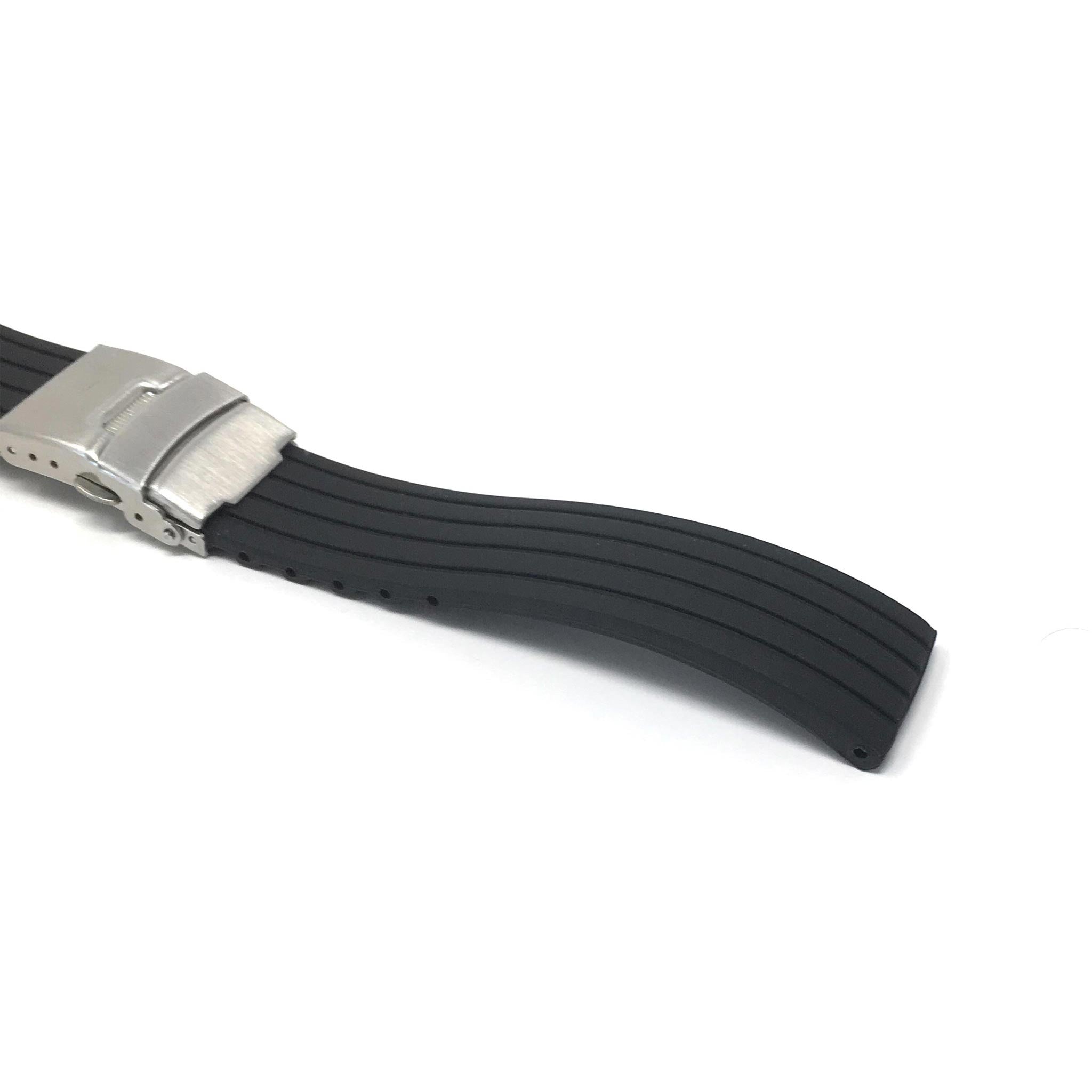 Bandini Black Rubber Grooves Watch Band, Silicone Deployment Strap - 20mm, 22mm, 24mm