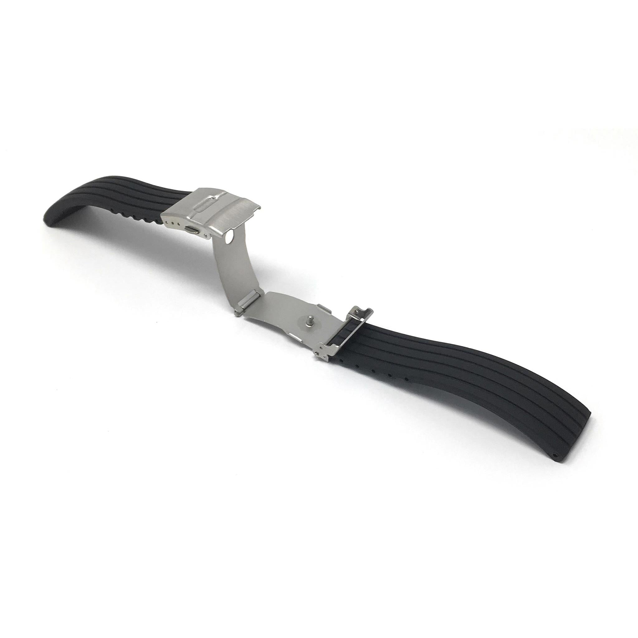 Bandini Black Rubber Grooves Watch Band, Silicone Deployment Strap - 20mm, 22mm, 24mm