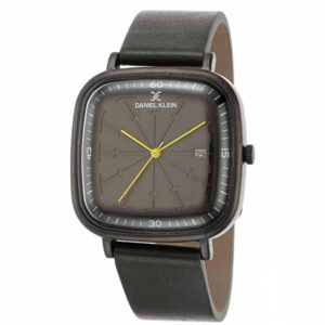 Daniel Klein Mens Square Watch - Leather Strap - 40mm Analog - Quartz - Yellow Dial Hands - Black - DK12508-3