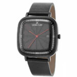 Daniel Klein Mens Square Watch - Leather Strap - 40mm Analog - Quartz - Red Dial Hands - Black - DK12508-6