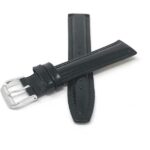 Front view of Black Classic Womens Leather Band, Semi-Glossy, Standard or Extra Long with Silver Tone Buckle