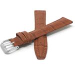 Face view of Tan Extra Long (XL) Leather Watch Band, Alligator Pattern Strap with Silver Tone Buckle