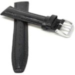Front view of Black Leather Watch Band, Lizard Pattern, Glossy with Silver Tone Buckle