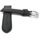 Front view of Black Mens Leather Watch Band, Stitching, Padded, Standard & Extra Long (XL) with Stainless Steel Buckle